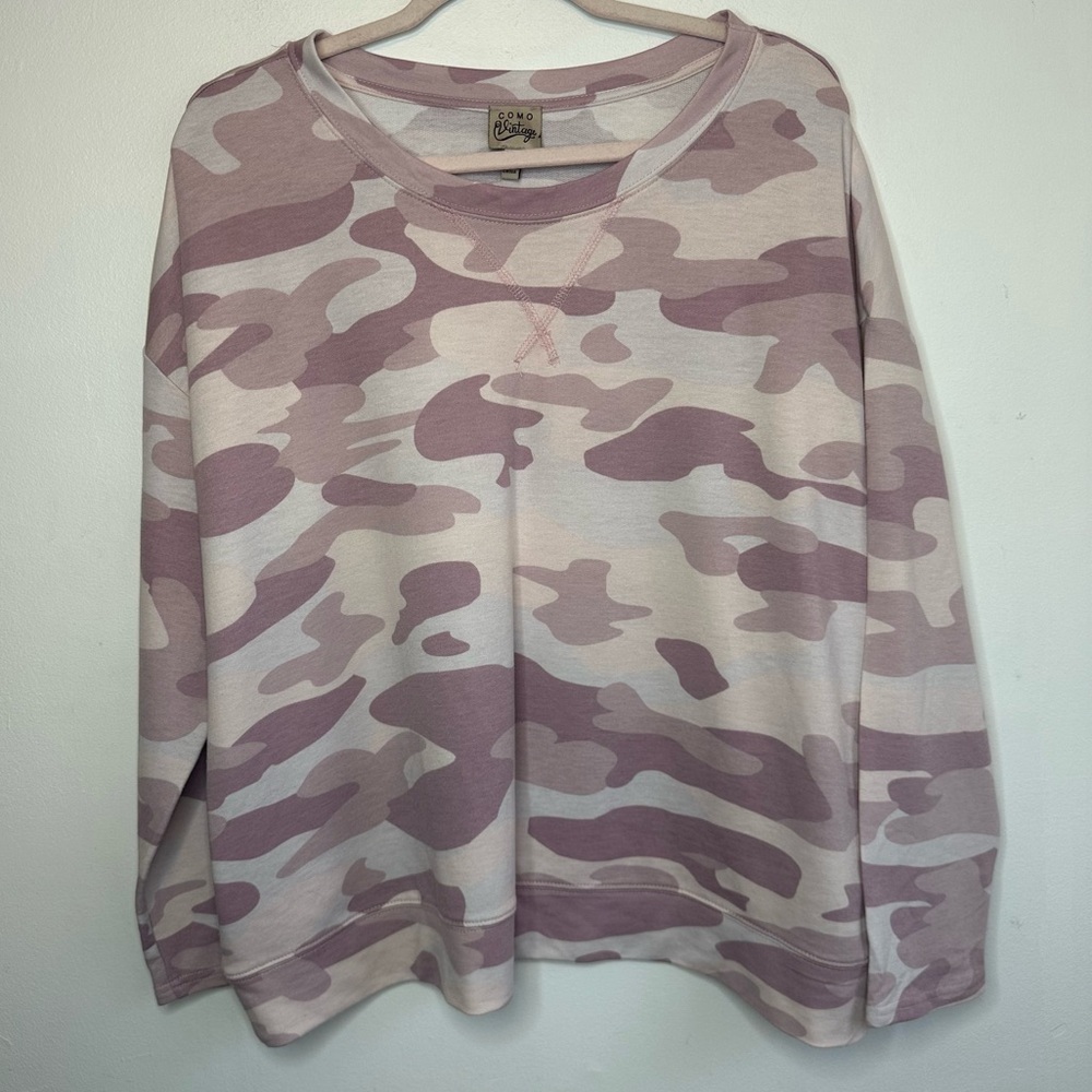 Como Vintage Womens Plus Size Pink Camo Camouflaged Long Sleeve Pullover 2X